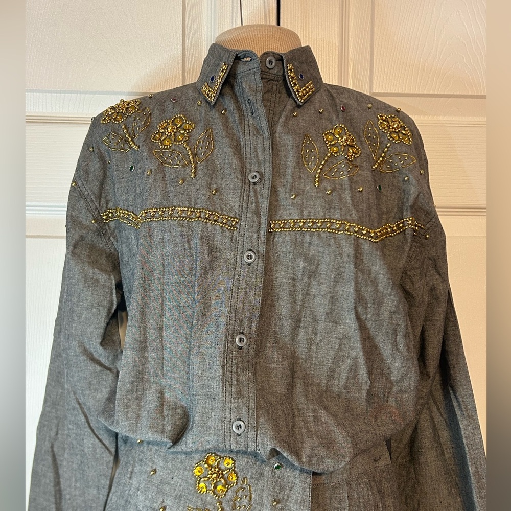 Vintage 80’s Gold Bead‎ Appliqué Gray 2-piece Outfit Sz M Western Square Dance - Picture 2 of 14